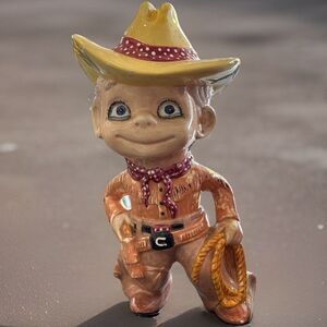 Vintage Atlantic Mold Ceramic Smiley Boy Western Cowboy Boots Lasso Hat